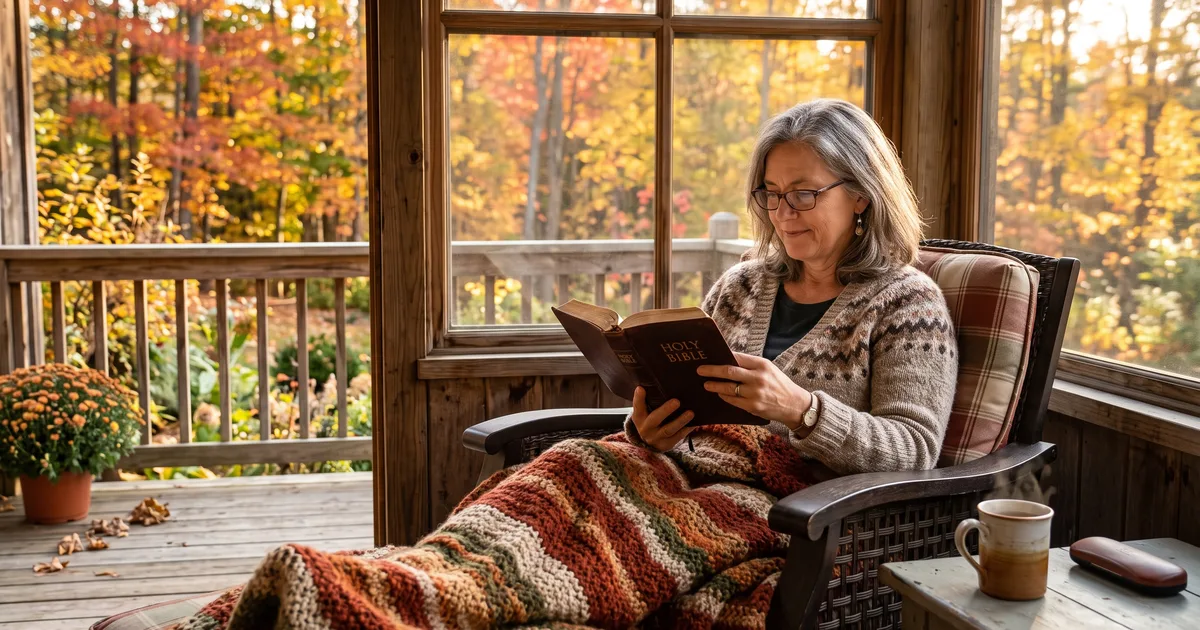 Mujer mayor porche leyendo la Biblia