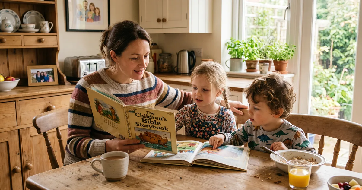 Madre hijos biblia cocina leyendo la Biblia