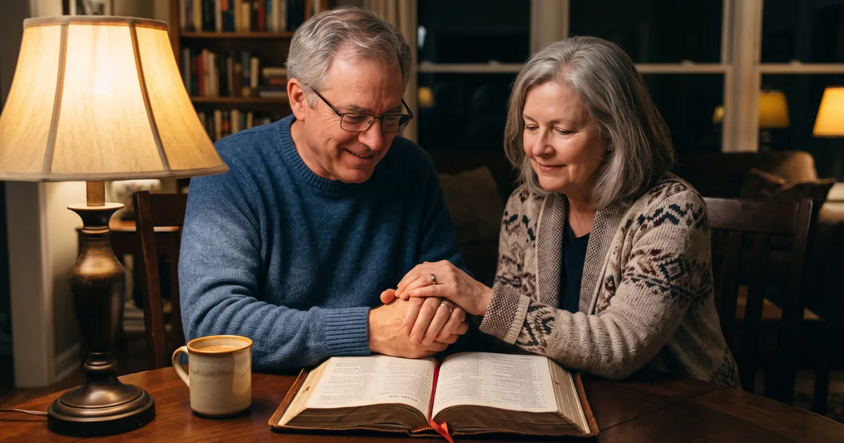 Pareja mayor manos leyendo la Biblia