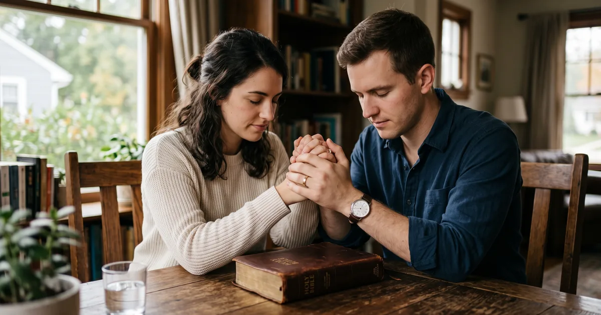 Pareja joven orando leyendo la Biblia